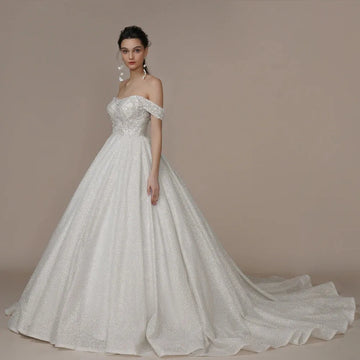 Luxury Strapless A Line Glitter Wedding Dresses Off The Shoulder Women Ivory Bling-Bling Sleeveless Bride Bridal Gown