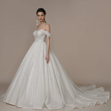 BEPEITHY Luxury Strapless A Line Glitter Wedding Dresses Off The Shoulder Women Ivory Bling-Bling Sleeveless Bride Bridal Gown