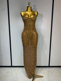 Women Sexy Sleeveless Rhinestone Bodycon Maxi Long Dress Evening Party Birthday Costume Bar Nightclub Stage Performance Clothing Gold