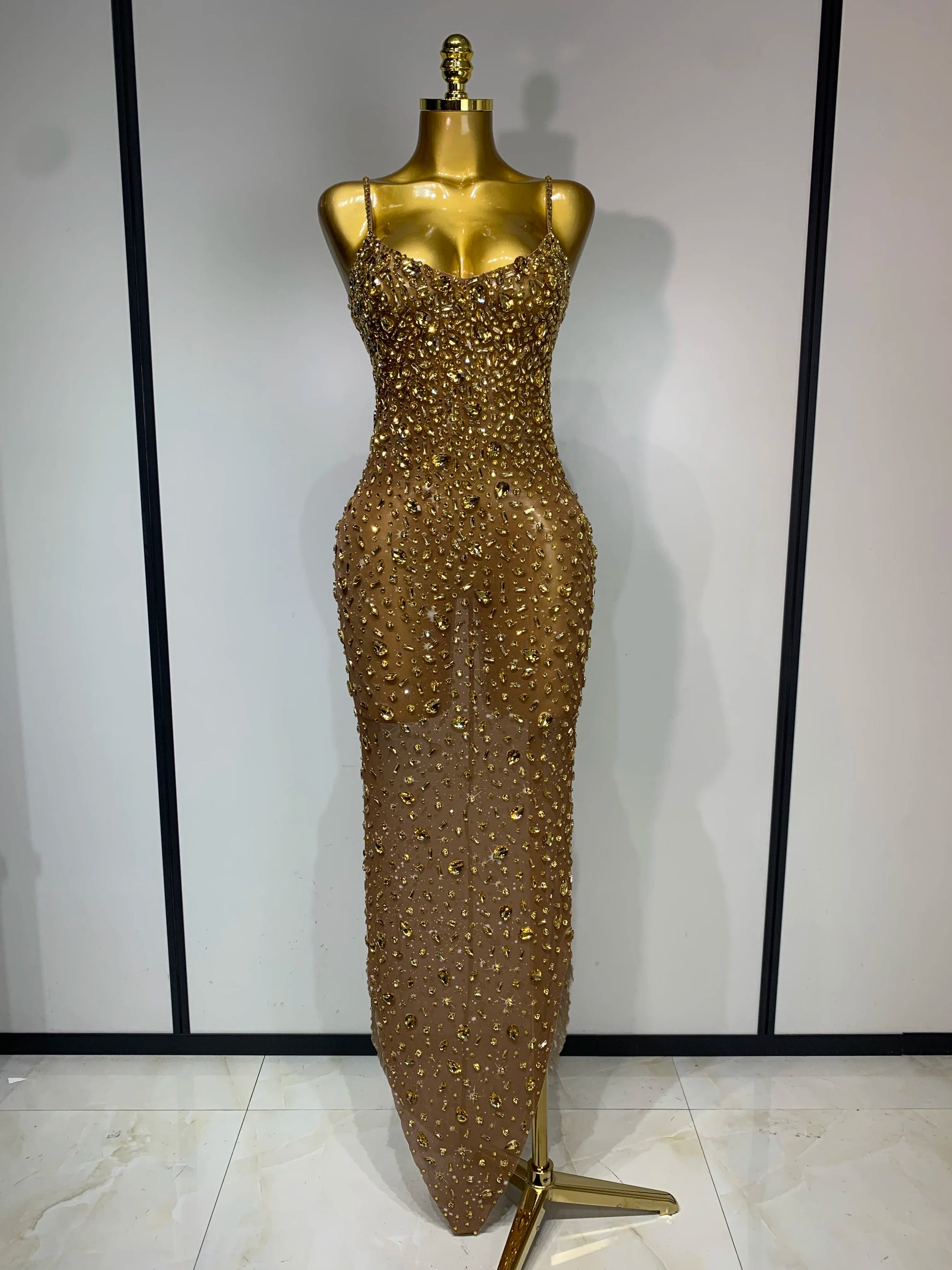 Women Sexy Sleeveless Rhinestone Bodycon Maxi Long Dress Evening Party Birthday Costume Bar Nightclub Stage Performance Clothing Gold