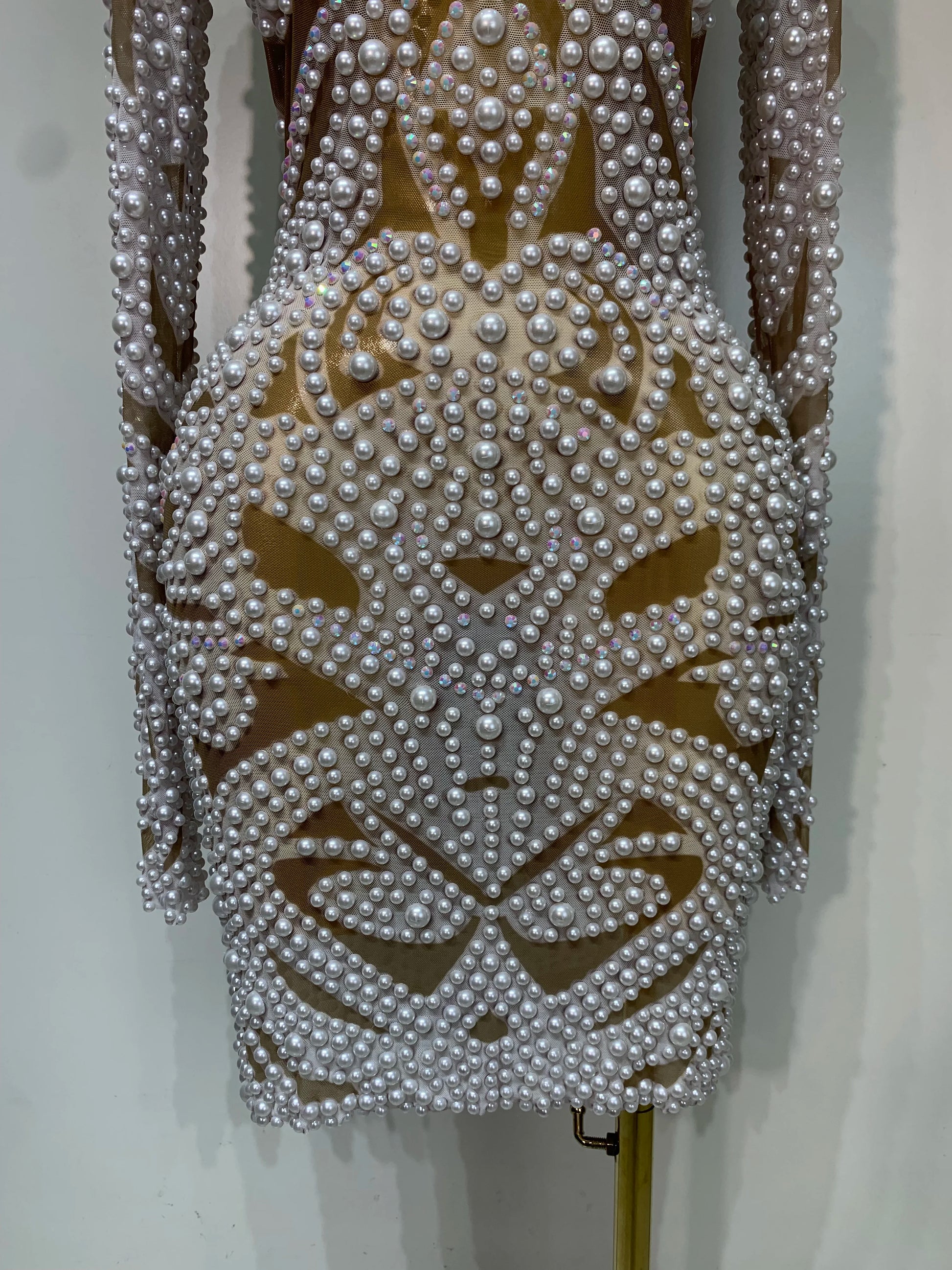 High Quality Women Sexy Rhinestone Pearl Mesh Transparent Dress Birthday Celebrate Dress Evening Party Dance Performance Costume