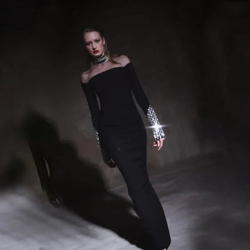 Fashion Sexy European And American Women Long Sleeve Black Sexy Round High Neck Color Long Sleeve Diamond Decoration Slim Dress black
