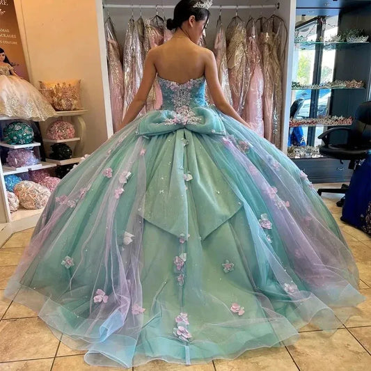 Sweetheart 3D Flowers Quinceanera Dresses With Bow Beading Appliques Princess Birthday Party Prom Gown Corset Back As Picture