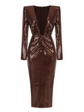 2024 Sexy Women'S Light Luxury Dark Brown Sequined Dress Deep V-Neck Long Sleeved Bodycon Draped Midi Dresses Christmas Vestidos Brown
