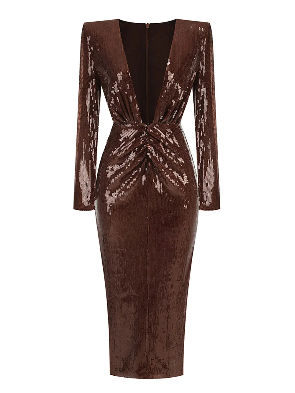 2024 Sexy Women'S Light Luxury Dark Brown Sequined Dress Deep V-Neck Long Sleeved Bodycon Draped Midi Dresses Christmas Vestidos Brown
