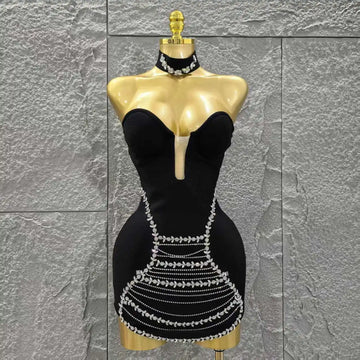 Black Color Women Sexy Strapless Shinning Crystal Bodycon Mini Bandage Dress Necklace Fashion Celebrate Nightclub Party Wear black