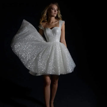 Mini Wedding Dresses For Women Sparkling Tulle A-line Vestidos De Novia Princesa Sweetheart Off Shoulder Bride Party White