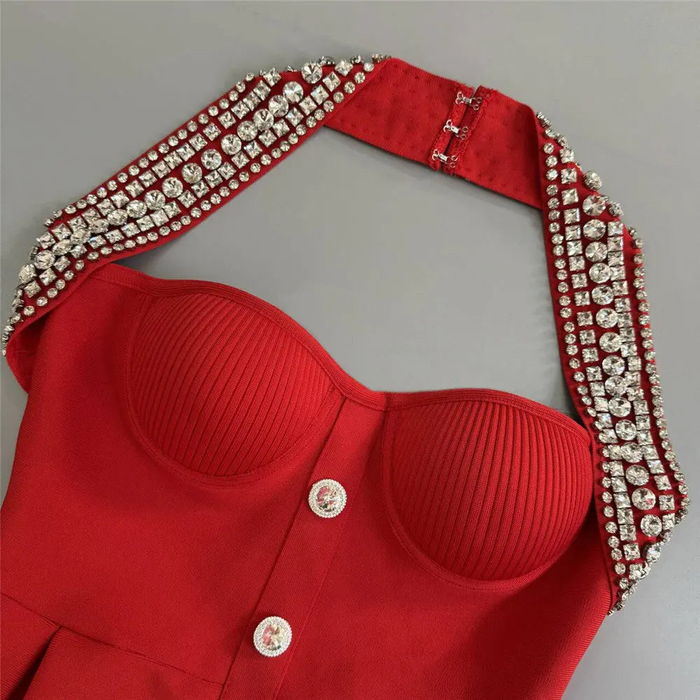 2025 Sexy Women's Light Luxury Nail Diamond Design Bandage Dress Hanging Neck Sleeveless A-line Bareback Mini Dress Vestidos