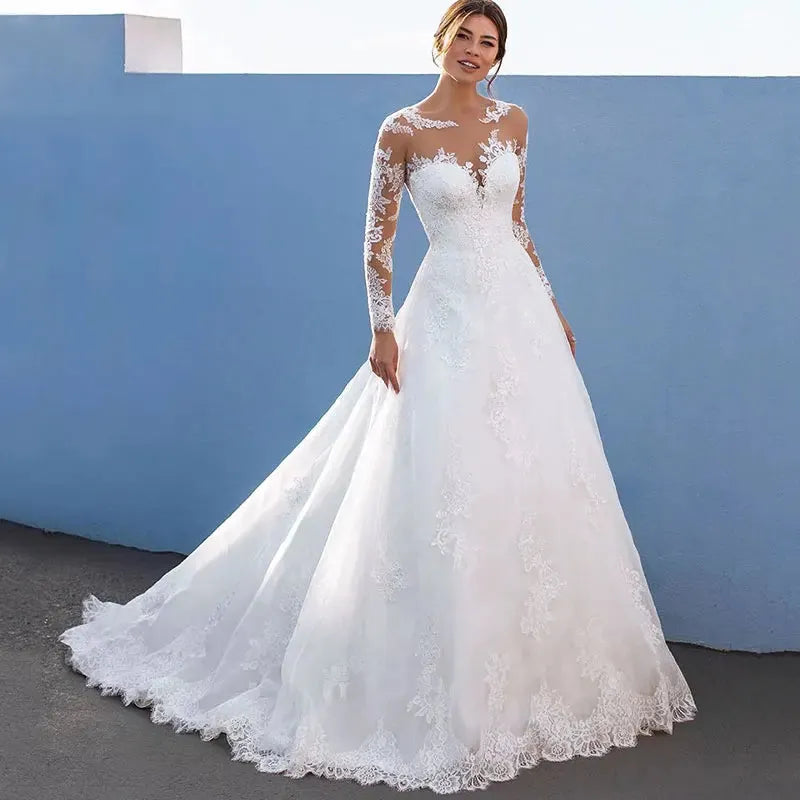 Elegant A-Line Wedding Dresses For Women Long Lace Sleeves With Appliques Bridal Gown Illusion Tulle vestidos de novia Champagne