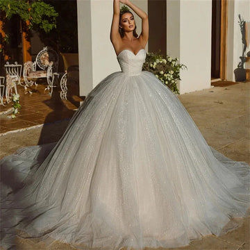 Elegant Saudi Arabia Shiny Wedding Dress Ball Gowns Glitter Tulle Sweetheart Pleat Bride Dresses Robe De Mariee Wedding Gowns 50cm