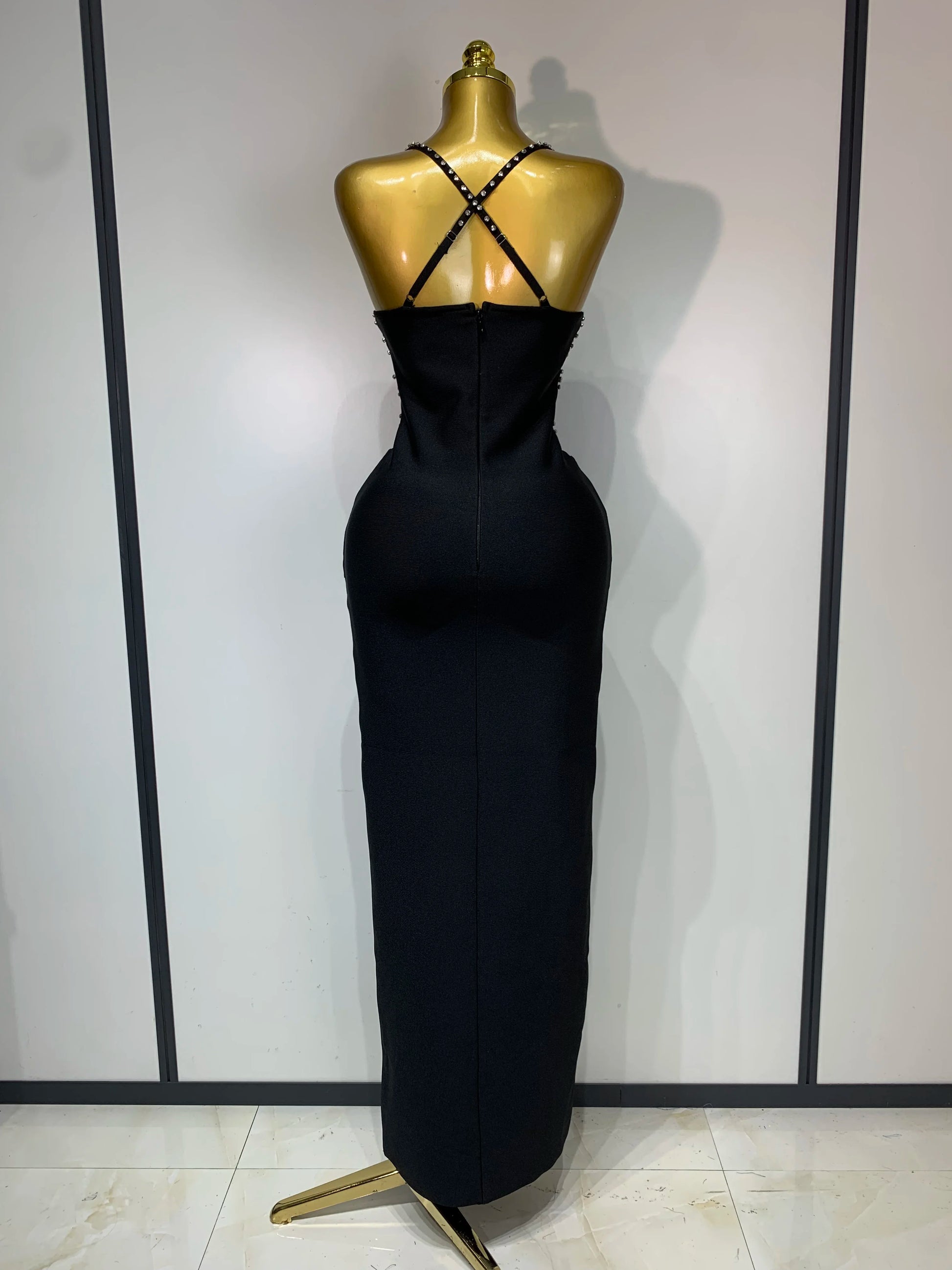 Women New Black Pink Bandage Dress Spaghetti Strap Rhinestones Luxury Birthday Evening Party Dress One Piece Elegant Gala Gowns