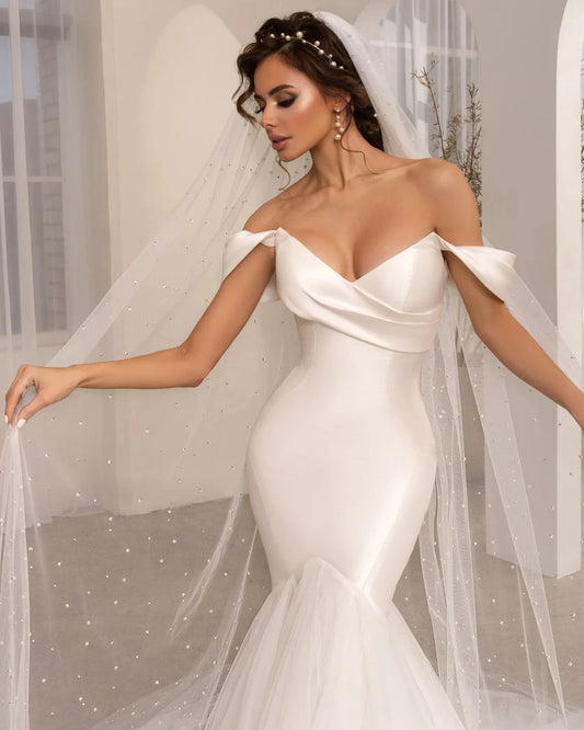Bohemian Wedding Dresses Fashion A-Line Beautiful Satin Mermaid Off Shoulder Mopping Bride Gowns Sexy Backless Sleeveless