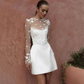 Classic A-Line Mini White Wedding Dress Satin Lace Long Sleeve 3D Flower Sexy Backless With Button Srapless Wedding Gown White