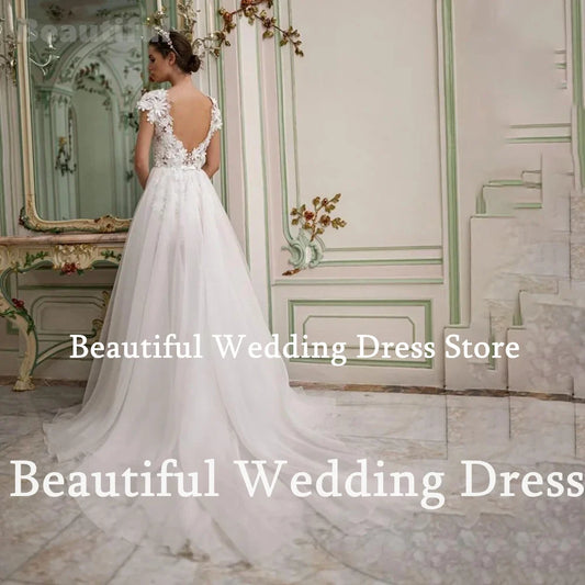 Detachable Train Wedding Dress For Women Elegant Sheath Mini 3D Flowers Applique Cap Sleeves Bridal Dress Vestidos De Mujer