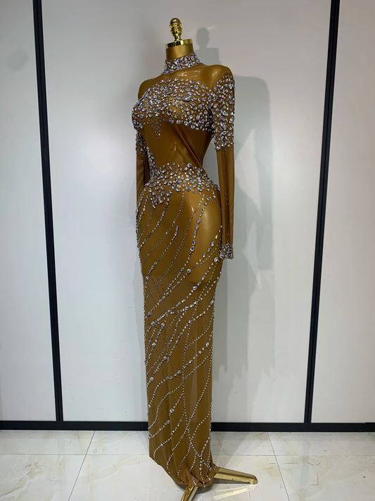 Sparkly Rhinestone Mesh Transparent Brown Long Dress Evening Party Luxury Birthday Celebrate Costume Nightclub Dancer Outfit