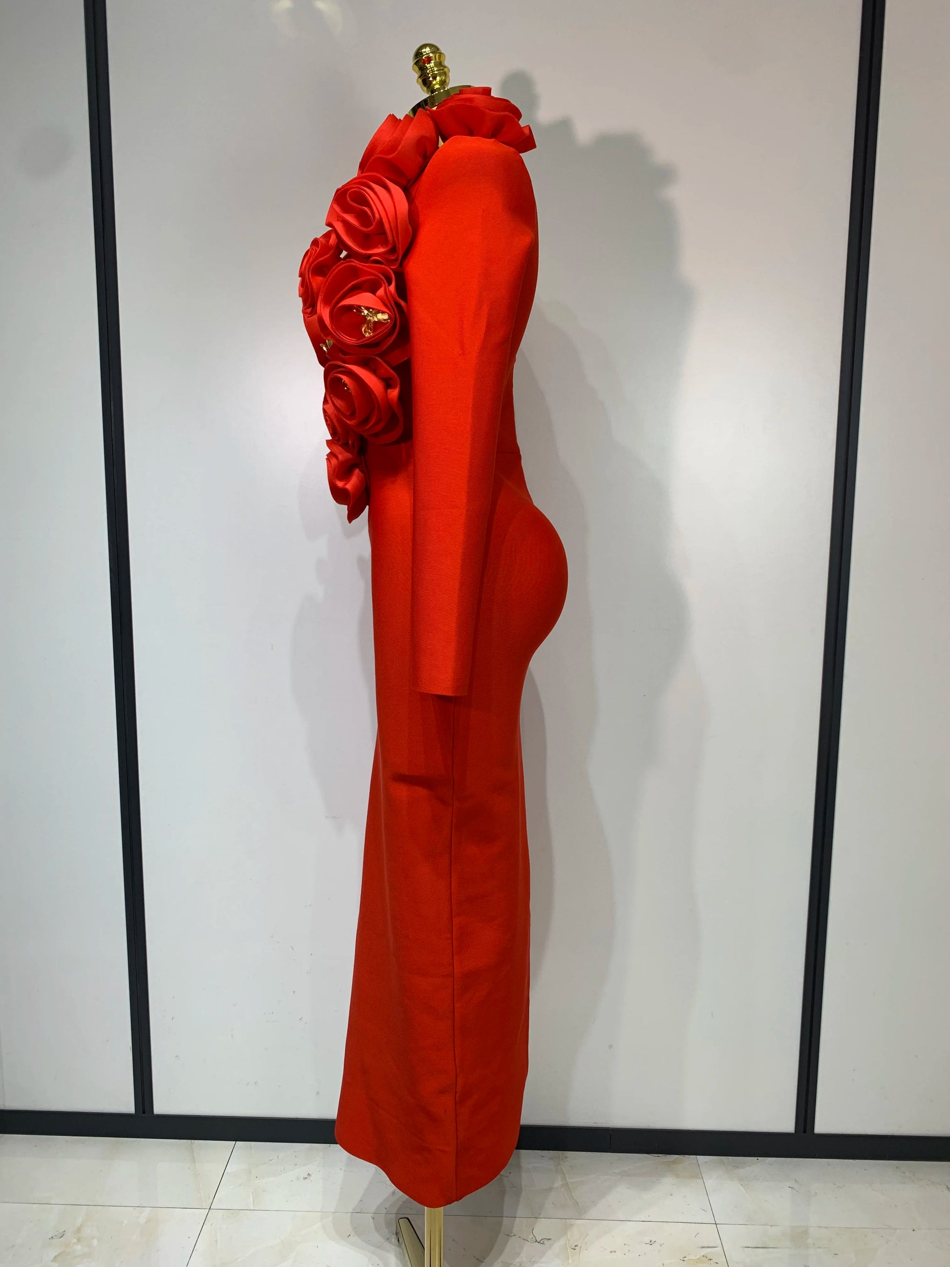 Sexy Fashion Red 3D Flower Long Sleeves Bodycon Long Bandage Dress Women Celebrity Elegant Evening Party Birthday Dresses