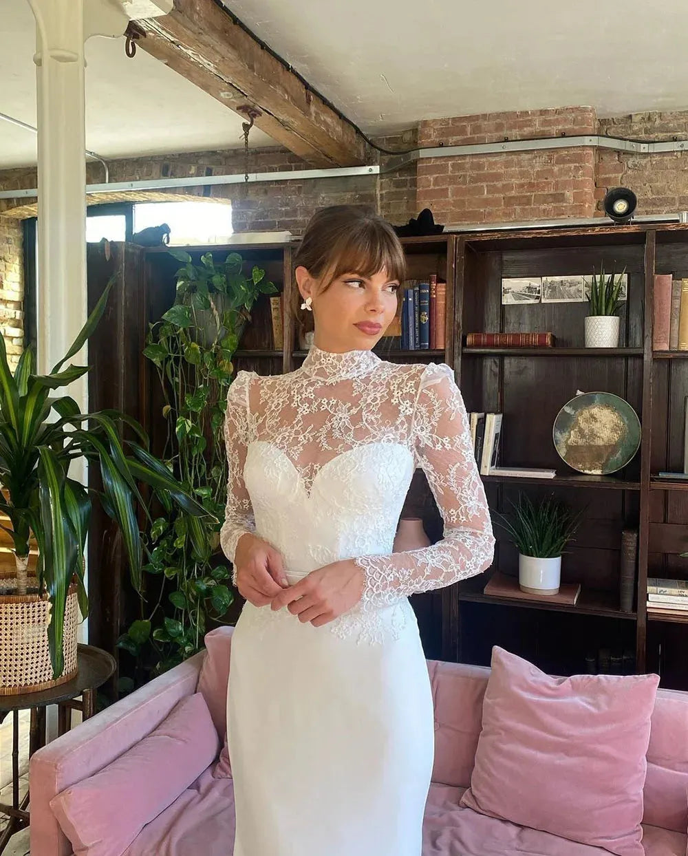 High Neck Modern Mermaid Wedding Dresses Lace Long Sleeves Satin Illusion Bridal Gown With Button Vestidos De Noiva