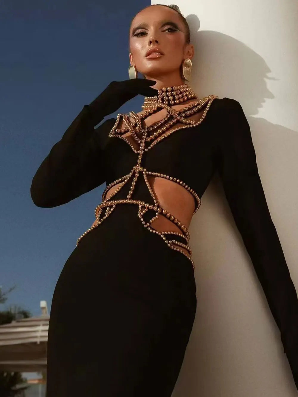 2025 Sexy Women's Light Luxury Pearl Bead Design Hollow Out Long Dress Stand Collar Long Sleeve Bodycon Dresses Party Vestidos
