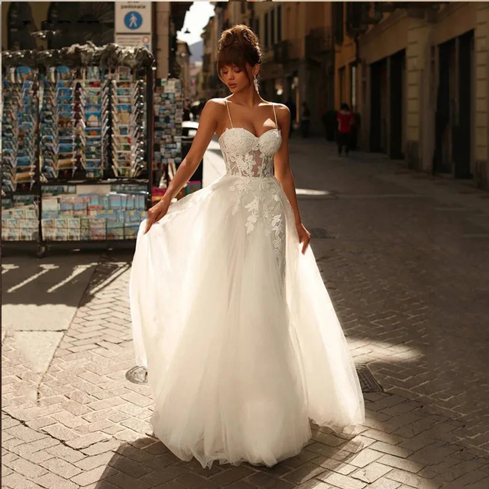 Spaghetti Straps Lace Wedding Dresses A Line Sweetheart Corset Bridal Gowns Modest Sleeveless Customize To Meaures Stunning Ivory