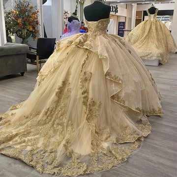 Luxury Quinceanera Dresses Shiny Gold Appliques Vestidos De 15 Anos Corset Back Court Train Formal Birthday Party Champagne