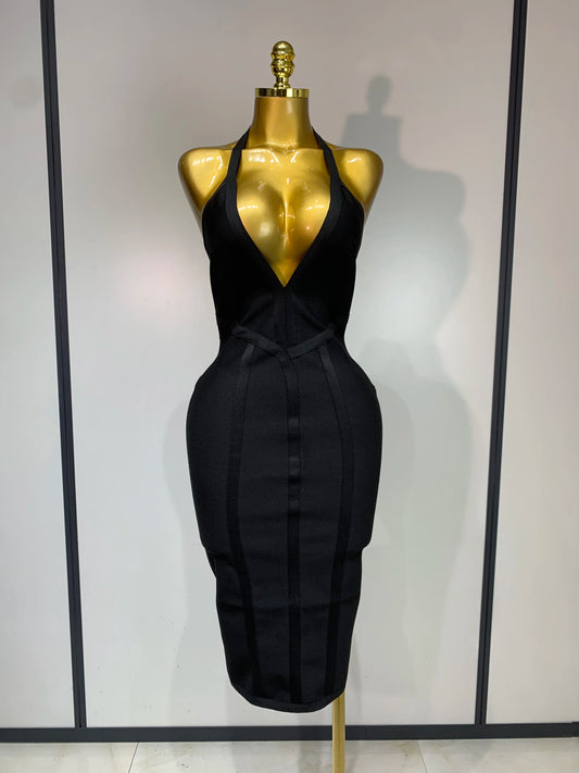Women Sexy Elegant Spaghetti Strap V Neck Black Midi Bodycon Bandage Dress Nightclub Evening Party Luxury Birthday Dress black