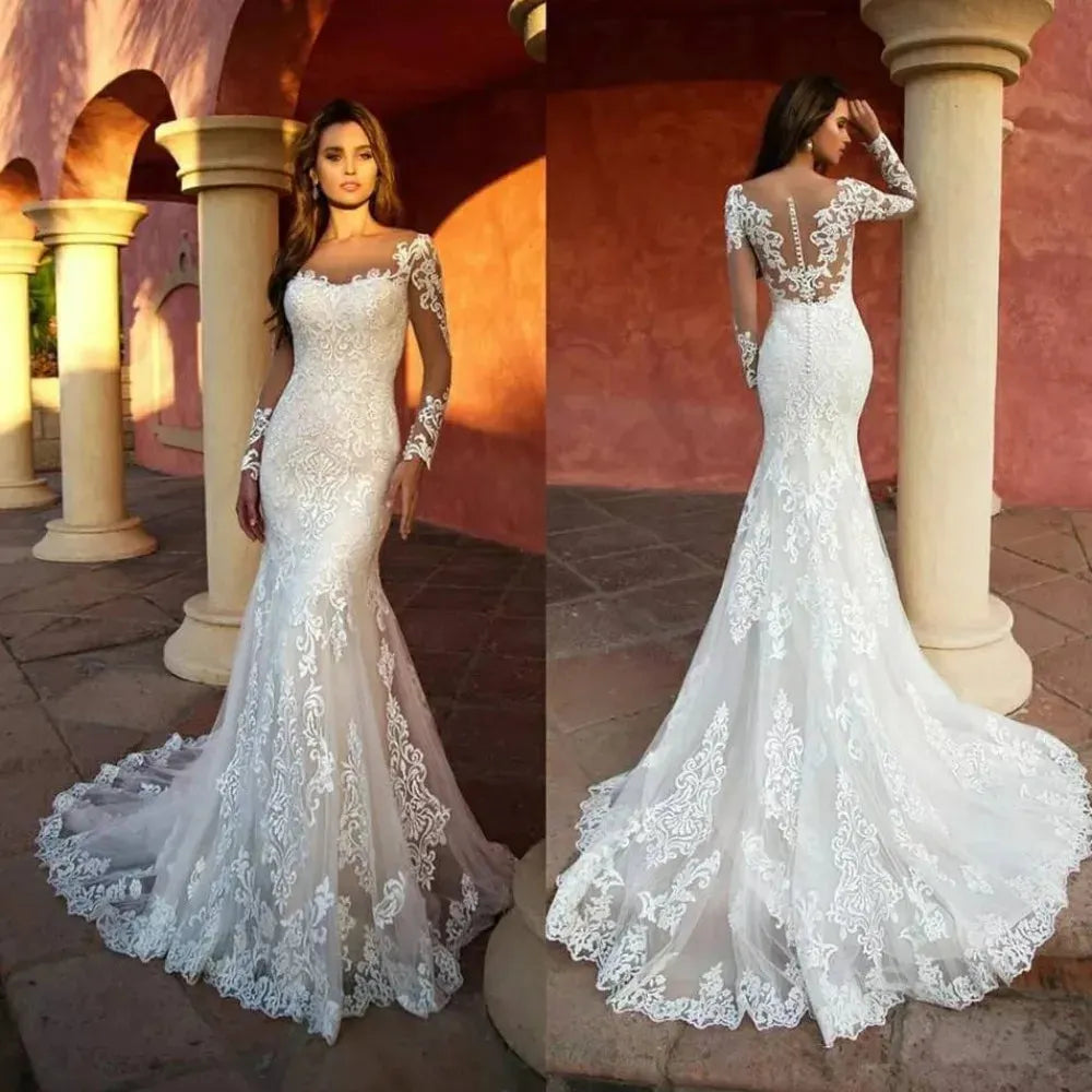 Boho Mermaid Wedding Dress Sheer O-neck Long Sleeves Appliques Lace Elegant Bridal Gown Floor Length Robe De Mariage 50cm