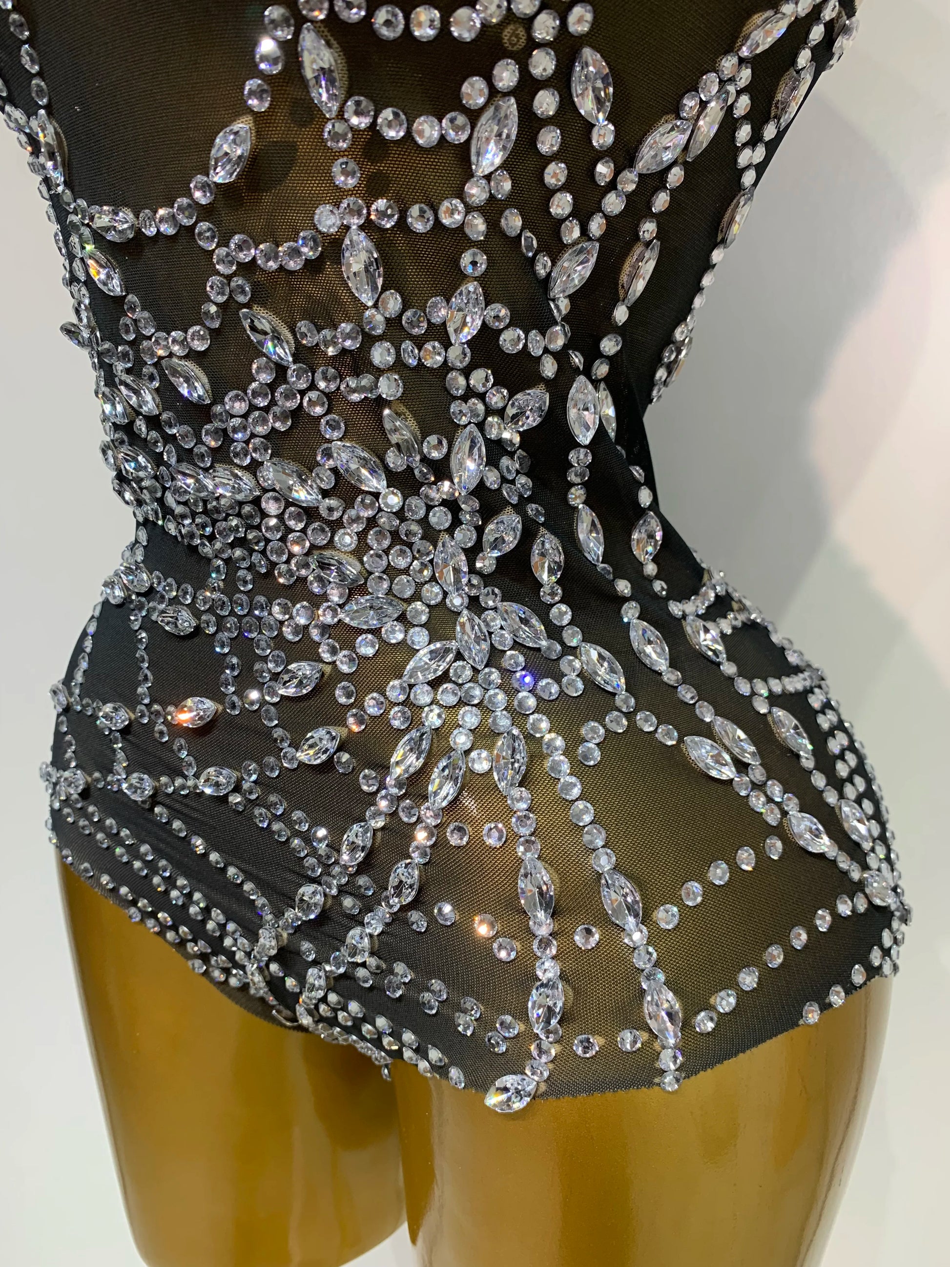 Sparkly Diamond Sexy Mesh See Through Stretch Bodysuits Women Evening Party Birthday Nightclub Bar Gogo Dancer Stage Costume