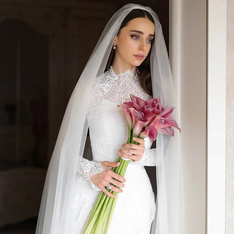 White A-Line Wedding Dresses Long Sleeve High Neck Lace Ruffled Bride Dress Boho Beach Wedding Prom Gowns Custom Made