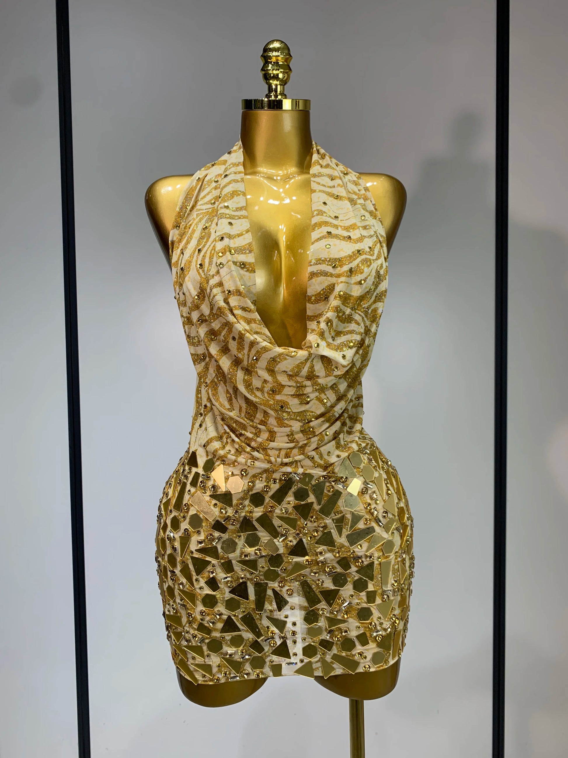 Women Sexy Backless Deep V Neck Mini Gold Dress Celebrity Elegant Evening Prom Dresses Birthday Photo Shoot Nightclub Costume Gold