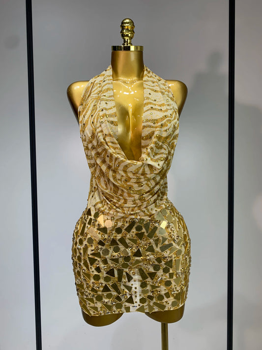 Women Sexy Backless Deep V Neck Mini Gold Dress Celebrity Elegant Evening Prom Dresses Birthday Photo Shoot Nightclub Costume Gold