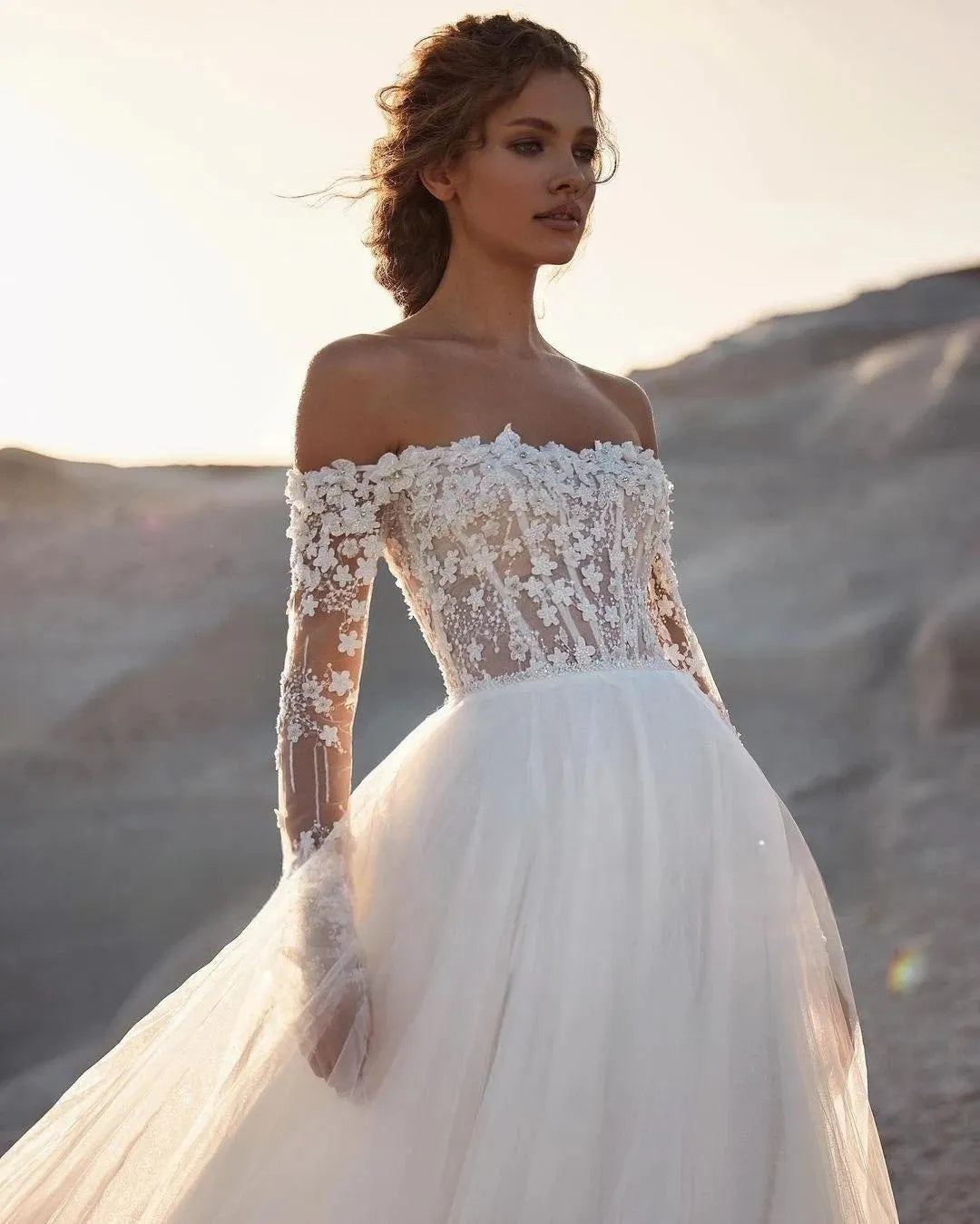 Off Shoulder Wedding Dresses Lace Appliques Beading Long Sleeves A-Line Customize To Measures Stunning Robe De Mariee For Women