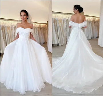 Graceful A Line Wedding Dresses For Women Off Shoulder Draped Pleats Tiered Sweep Train Bridal Gowns Customize Robe De Mariée Beige