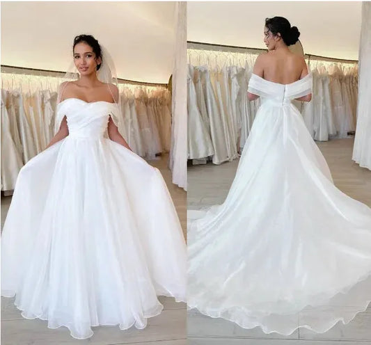Graceful A Line Wedding Dresses For Women Off Shoulder Draped Pleats Tiered Sweep Train Bridal Gowns Customize Robe De Mariée Beige