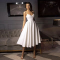Slik Satin A Line Short Wedding Dresses Spaghetti Straps V Neck Bride Gowns Ankle Length Backless Wedding Gowns Ivory