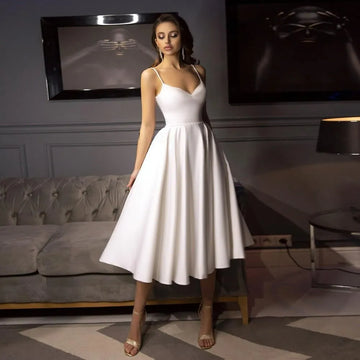 Slik Satin A Line Short Wedding Dresses Spaghetti Straps V Neck Bride Gowns Ankle Length Backless Wedding Gowns Ivory