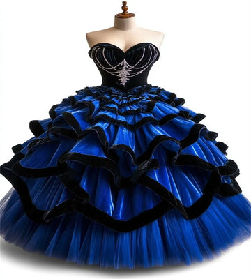 Royal Blue And Black Vestidos De 15 Quinceañera Dress Charro Velvet Tiered Sweet 16 Dress Rococo Victorian Gothic Customized Blue And Black