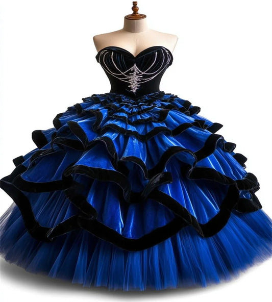 Royal Blue And Black Vestidos De 15 Quinceañera Dress Charro Velvet Tiered Sweet 16 Dress Rococo Victorian Gothic Customized Blue And Black