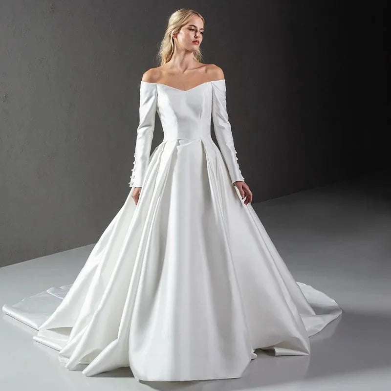 White A-Line Wedding Dresses Off The Shoulder Long Sleeves Bridal Dress Boho Beach Wedding Ball Prom Gowns Customized Custom Color
