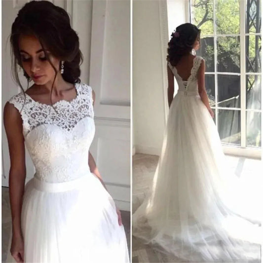 Lace Applique Boho Wedding Dress Lace-Up Sleeveless A-Line Tulle Court Train Bride Gown Country Vestidos De Novia Birthday Dress As Picture