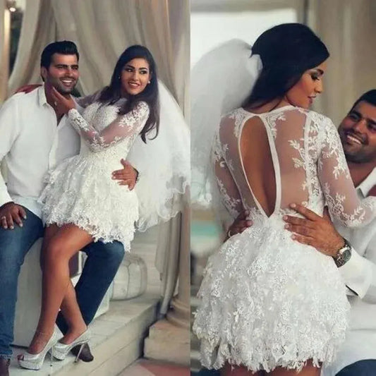Tiered Short Train Wedding Dress For Women Long Sleeve Lace Hollow Backless Vestidos De Novia Boho Beach Party Dress For Bride As Picture