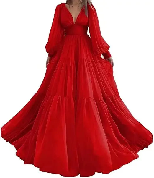 Long Puff Sleeves Prom Dresses V-Neck Pleats Chiffon Princess Evening Gowns Women Party Dress Plus Size Red