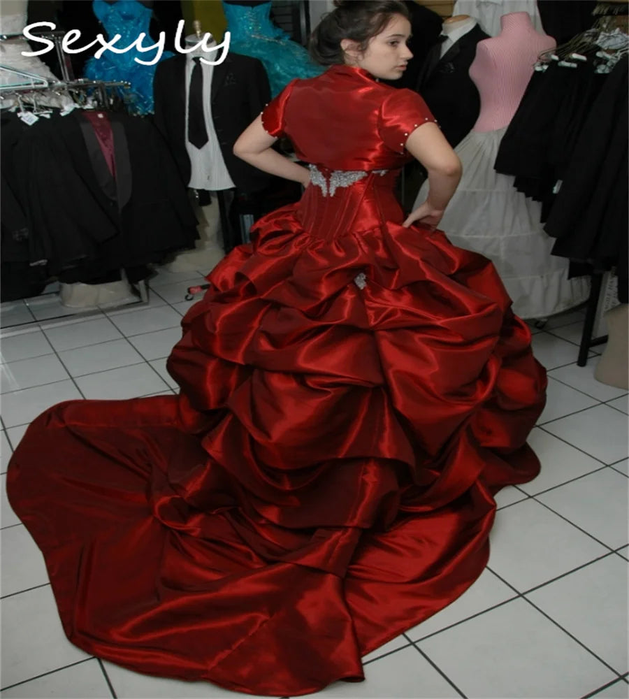 Customized Red Quinceanera Dresses With Jacket Tiered Ruffles Appliques Sweet 16 Birthday Dress Elegant Vestidos De Xv Mariage