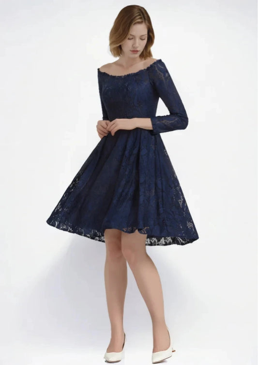 Elegant A-Line Prom Evening Dress Lace Off-the-Shoulder 3/4 Sleeve Pleated Knee-Length Wedding Guest Dress 2025 Free Customized