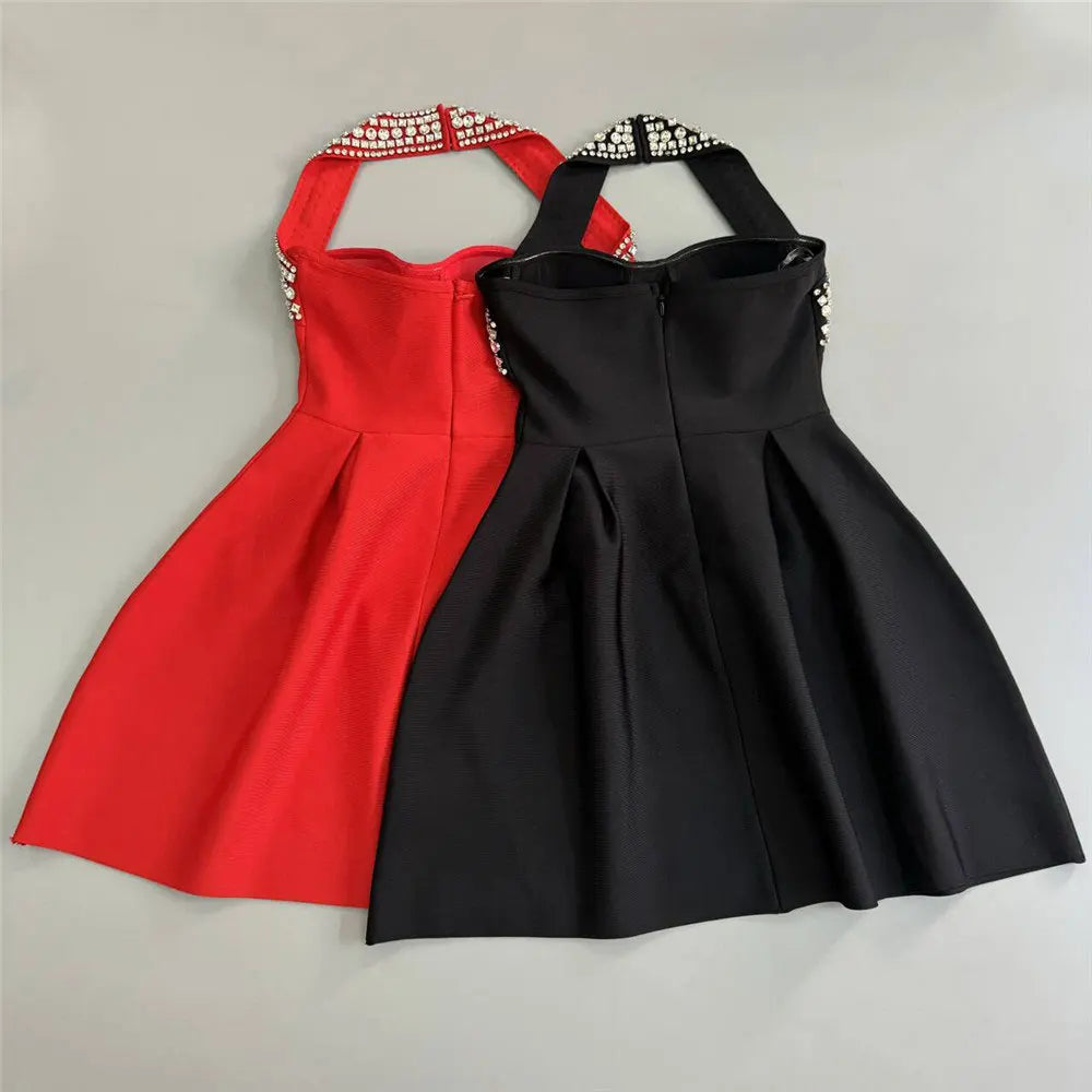 2025 Sexy Women's Light Luxury Nail Diamond Design Bandage Dress Hanging Neck Sleeveless A-line Bareback Mini Dress Vestidos