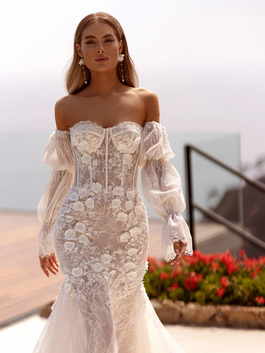 Romantic Sweetheart Neck Wedding Dress Classic 3D Flower Bridal Gown Elegant Lace Mermaid Long Bride Robe Vestidos De Novia