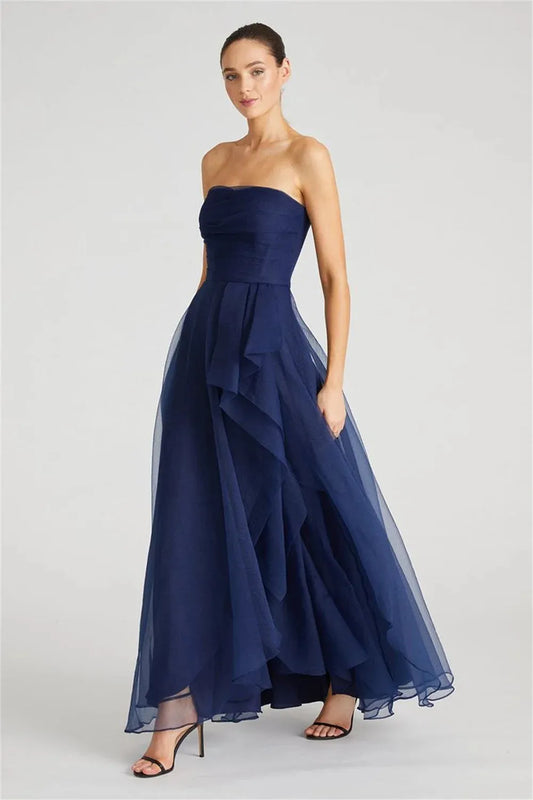 Navy Blue Strapless Prom Dress Elegant Side Split A-line Vestidos De Fiesta Organza Floor Lenght Prom Dresses