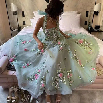 Fairy Mint Green Formal Prom Gowns Halter Organza Flower Applique Ruched Floor Length Evening Party Dress Event Dress
