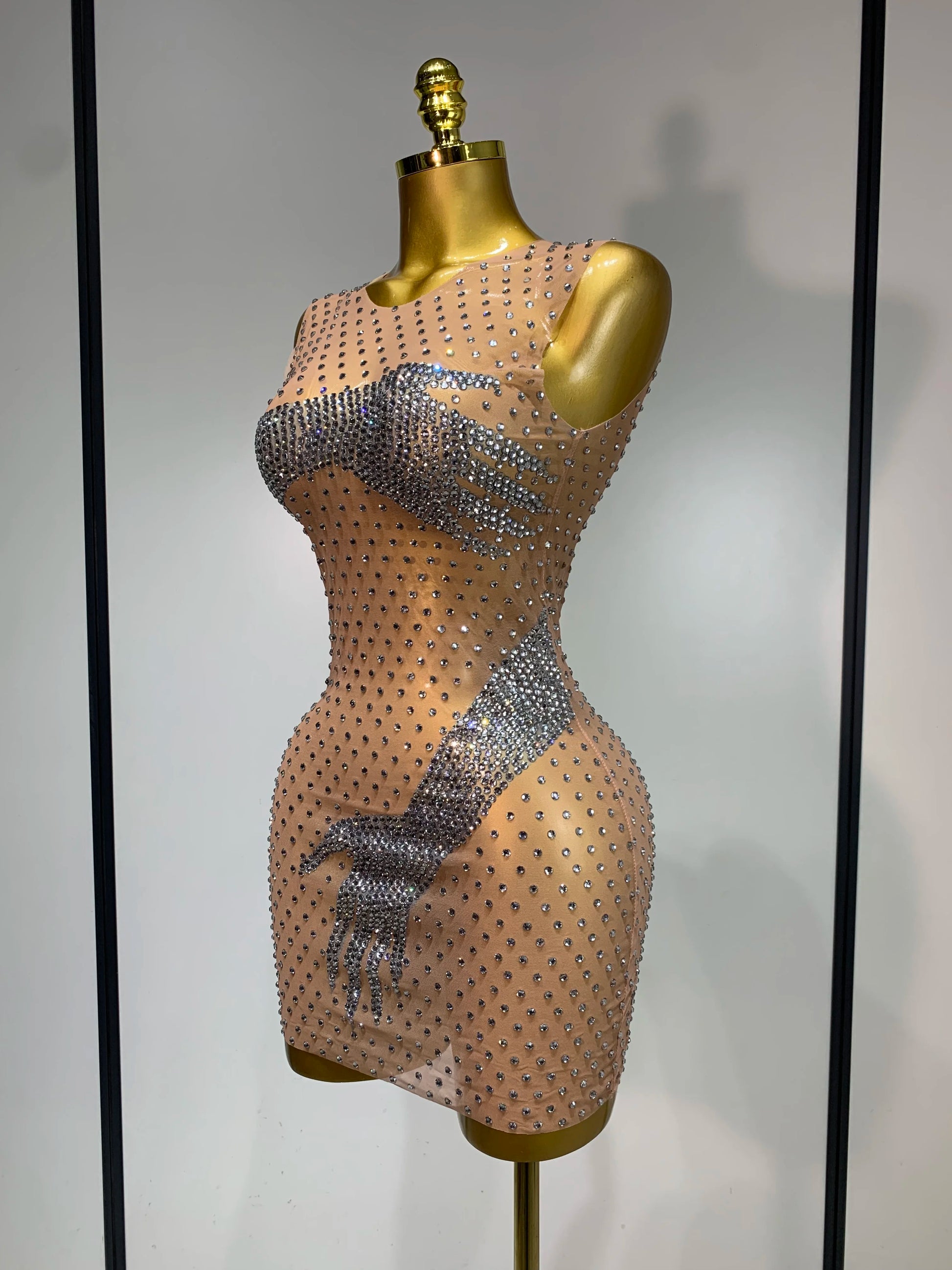 Sexy Sparkly Diamonds Mesh Transparent Stretch Mini Dress Women Evening Party Luxury Birthday Nigthclub Stage Performance Outfit