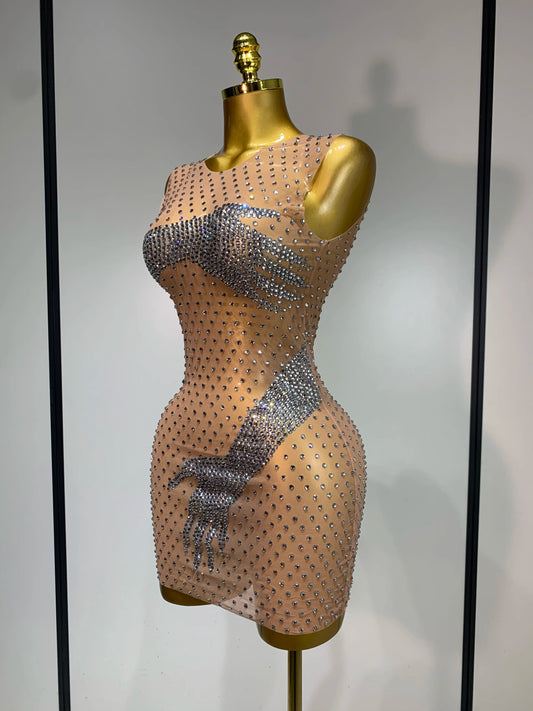 Sexy Sparkly Diamonds Mesh Transparent Stretch Mini Dress Women Evening Party Luxury Birthday Nigthclub Stage Performance Outfit
