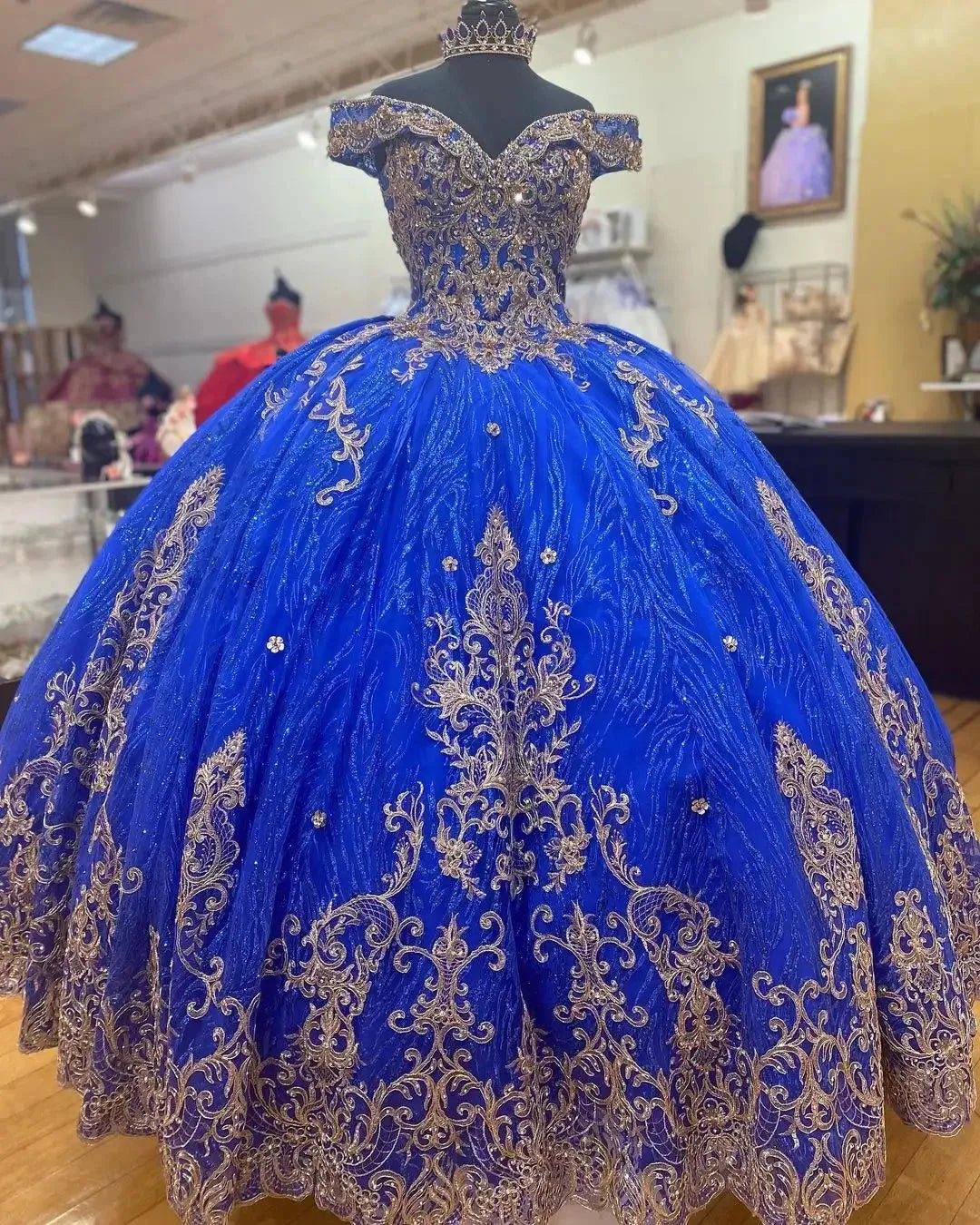 Glittering Red Off-Shoulder Quinceanera Dress Gold Beading Lace Princess Cinderella Birthday Vestidos De 15 Anos Blue